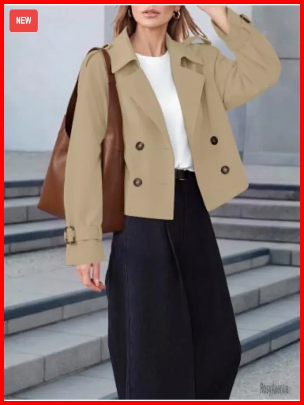 Cropped Double Breasted Trench Coat Raglan Sleeve Notch Collar Women's